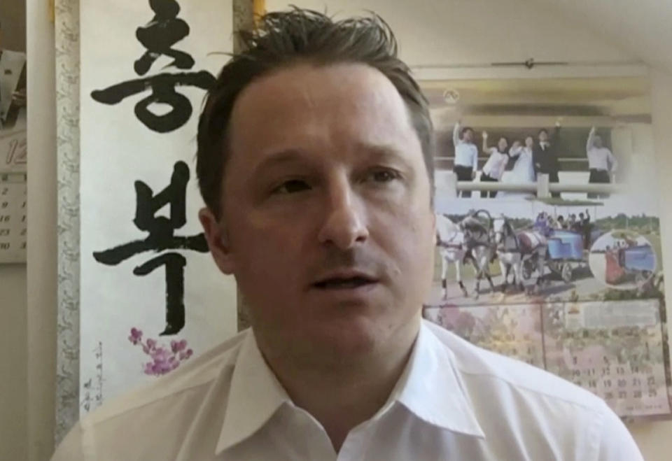 FILE - In this file image made from a March 2, 2017, video, Michael Spavor, director of Paektu Cultural Exchange, talks during a Skype interview in Yanji, China. More than 100 academics and former diplomats are calling on China to release two Canadians, Spavor and Michael Kovrig, a former diplomat, who have been detained in apparent retaliation for the arrest of a top Chinese tech executive in Canada. (AP Photo, File)