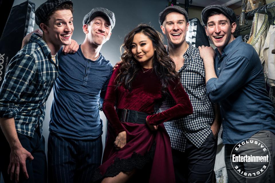 Newsies  cast members Iain Young, Ryan Breslin, Ryan Steele, and Ben Fankhauser, with Ashley Park (center)