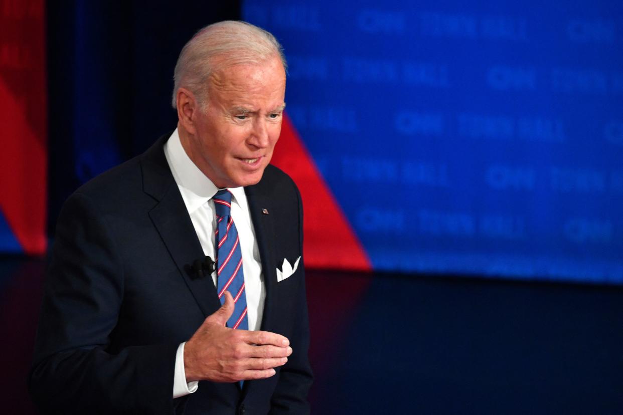 US President Joe Biden participates in a CNN town hall at Baltimore Center Stage in Baltimore, Maryland on October 21, 2021. (Photo by Nicholas Kamm / AFP) (Photo by NICHOLAS KAMM/AFP via Getty Images)