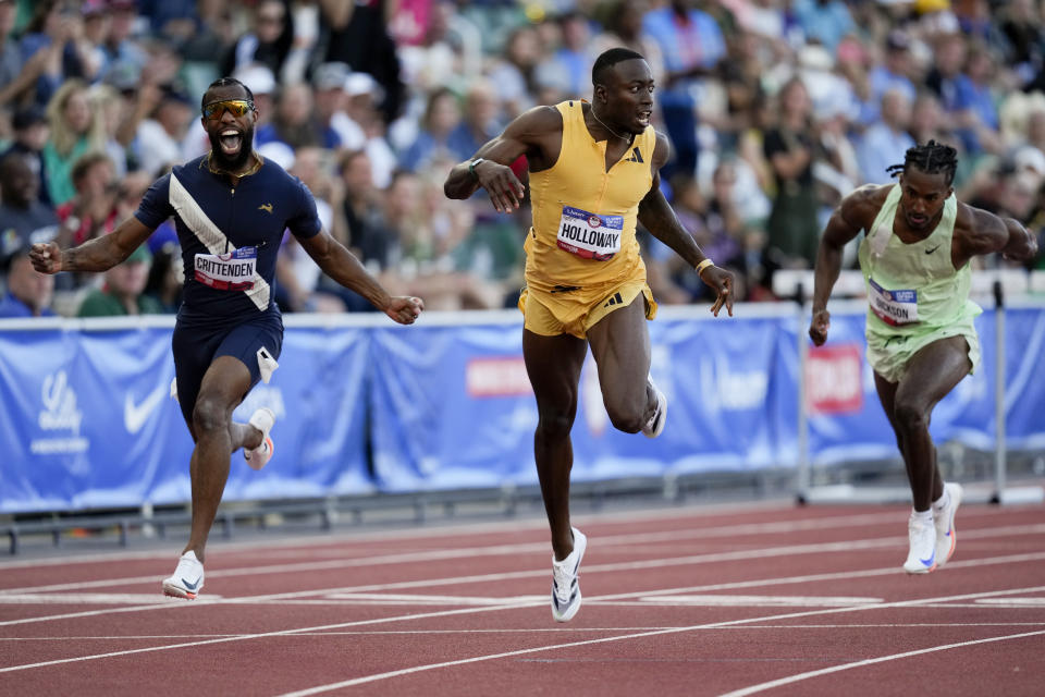 Grant Holloway wins the men's 110-meter hurdles final during the U.S. Track and Field Olympic Team Trials Friday, June 28, 2024, in Eugene, Ore. (AP Photo/Charlie Neibergall)