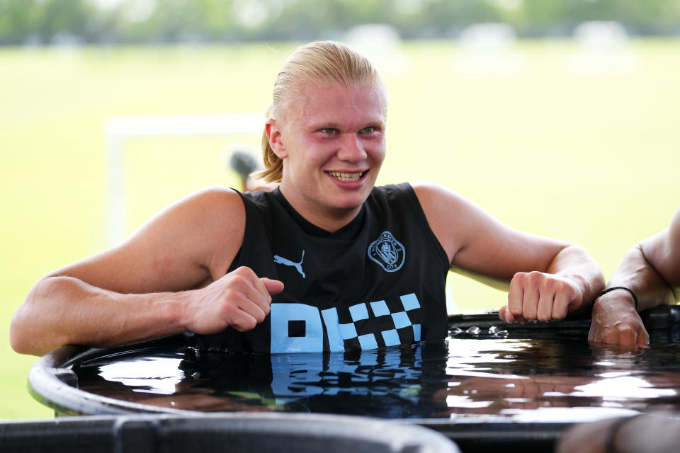 HOUSTON, TEXAS - JULY 18: Erling Haaland of Manchester City looks on during an ice bath during the Manchester City Training Session at Houston Sports Park on July 18, 2022 in Houston, Texas. (Photo by Matt McNulty - Manchester City/Manchester City FC via Getty Images)