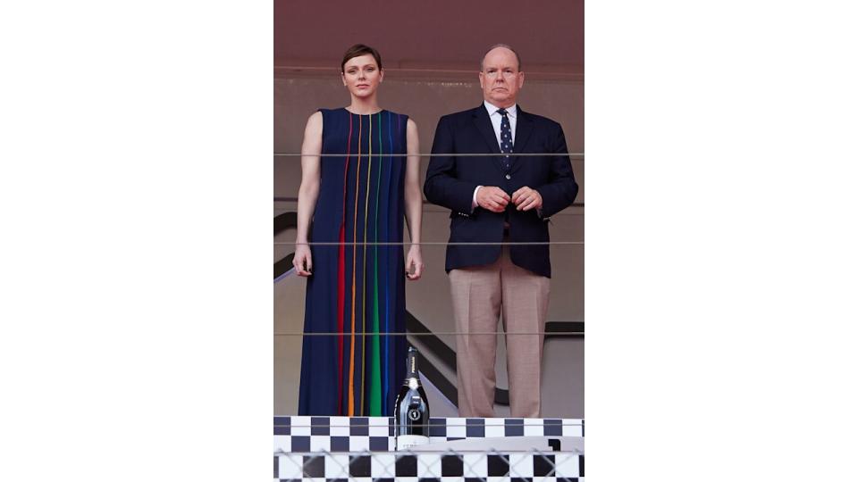 Prince Albert of Monaco and Princess Charlene of Monaco are seen on the podium during the F1 Grand Prix of Monaco at Circuit de Monaco on May 28, 2023 