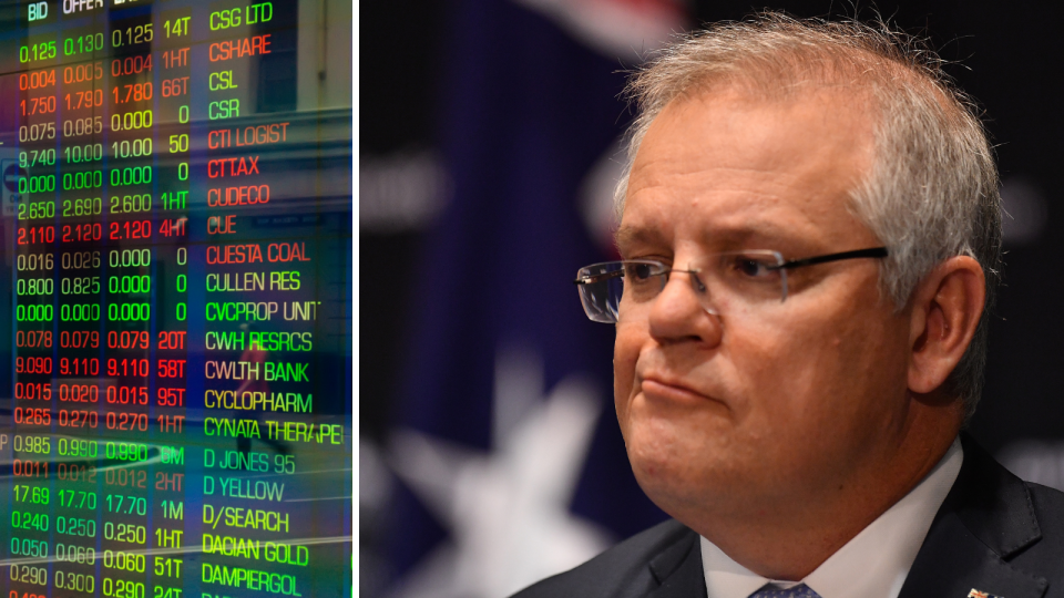 The ASX board showing company price changes and Scott Morrison with a concerned look on his face.