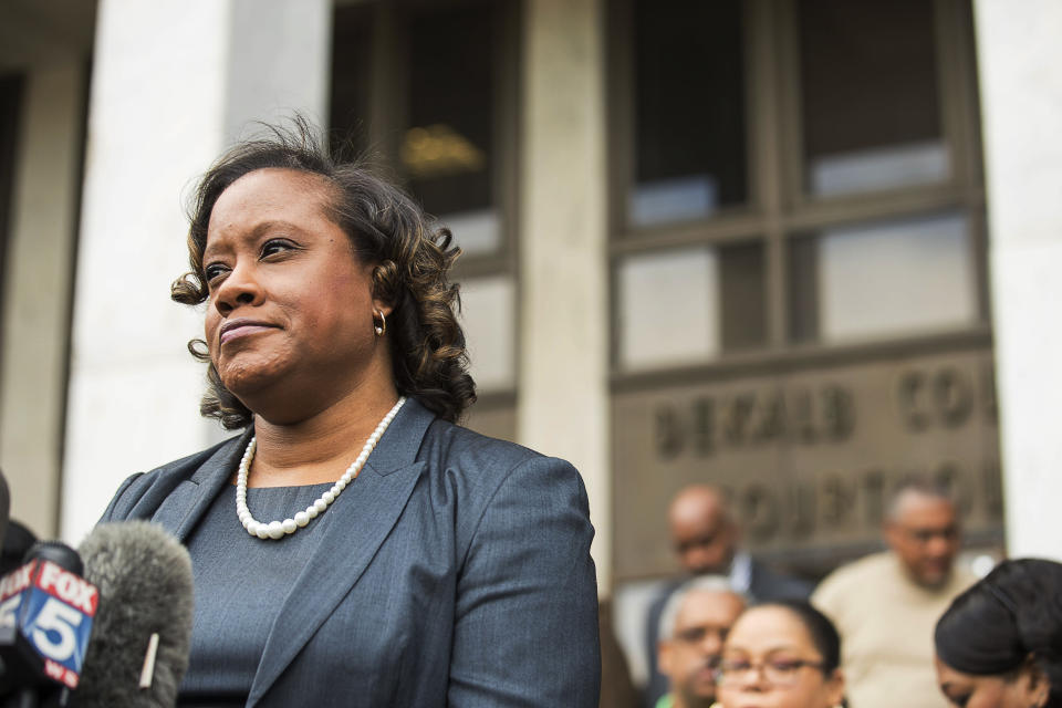 FILE - DeKalb County District Attorney Sherry Boston speaks during a news conference in front of the DeKalb County Courthouse in Decatur, Ga., Monday, Oct. 14, 2019. Boston announced Friday, June 23, 2023, that her office is withdrawing from criminal cases tied to protests over plans to build a police and firefighter training center, citing disagreements with the state's Republican attorney general, including the decision to charge a legal observer with domestic terrorism.(Alyssa Pointer/Atlanta Journal-Constitution via AP)