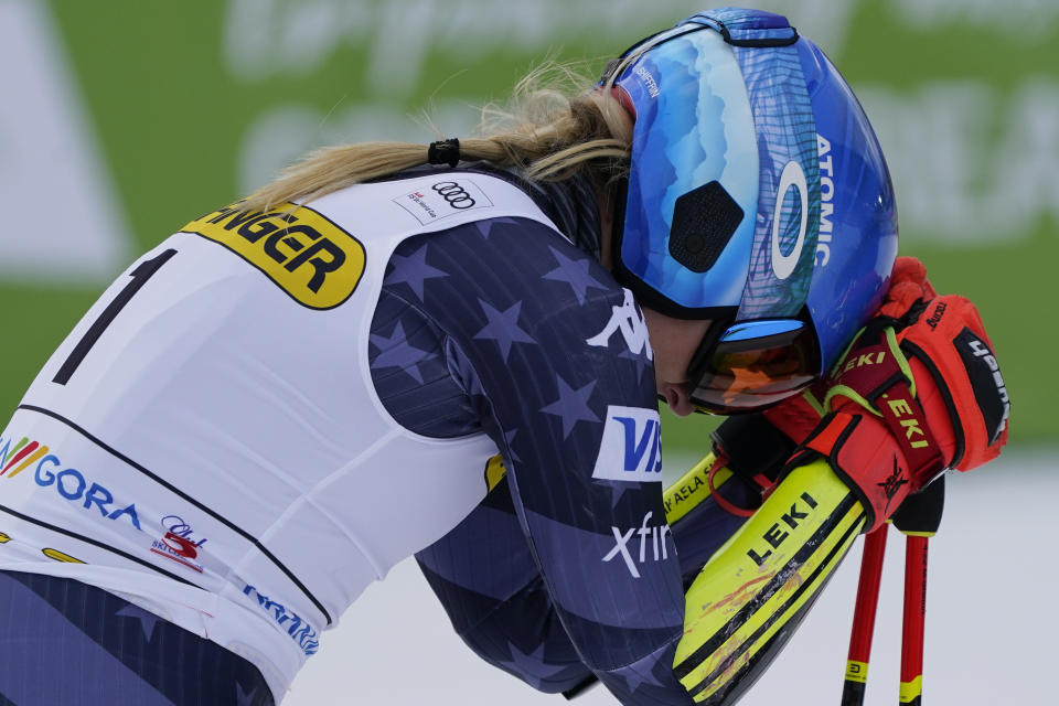 United States' Mikaela Shiffrin reacts after winning an alpine ski, women's World Cup giant slalom race, in Kranjska Gora, Slovenia, Sunday, Jan. 8, 2023. Shiffrin matched Lindsey Vonn's women's World Cup skiing record with her 82nd win Sunday.(AP Photo/Giovanni Auletta)