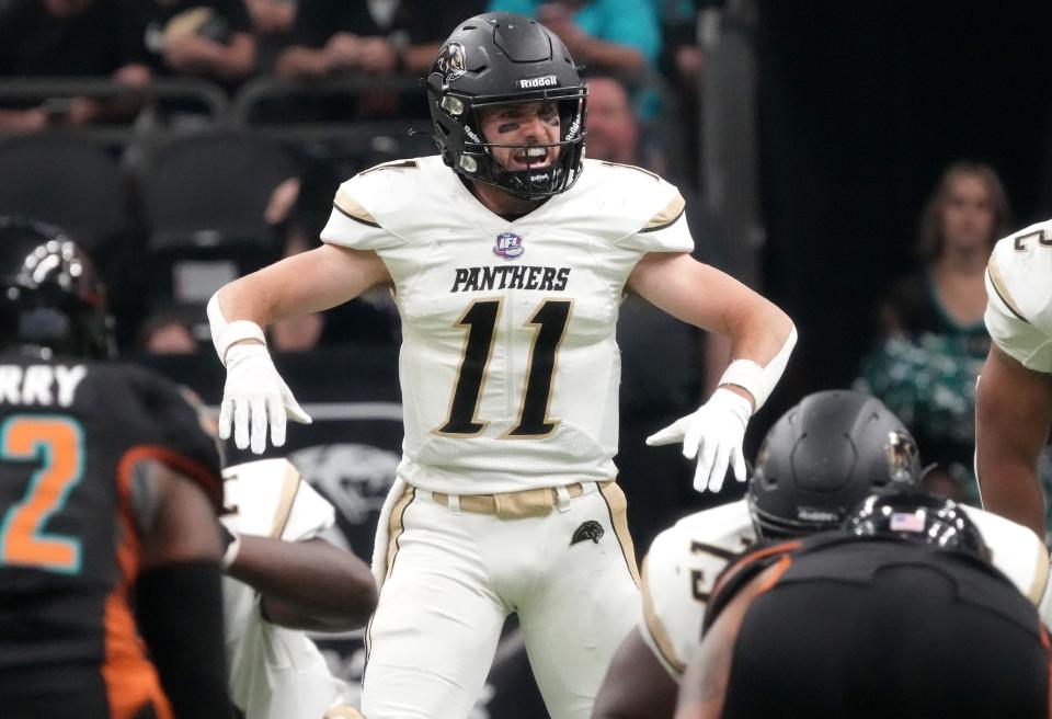 Bay Area Panthers quarterback Dalton Sneed (11) calls out to his team from the line of scrimmage as they play the Arizona Rattlers at Footprint Center in Phoenix on June 11, 2023.