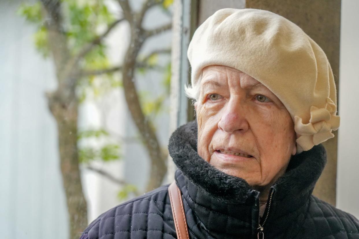 Roma Hayda at the polling station in Vartan Gregorian Elementary School in Providence on Tuesday. Hayda, who grew up in Ukraine, remembers life there first under the Nazis and then the Soviets.