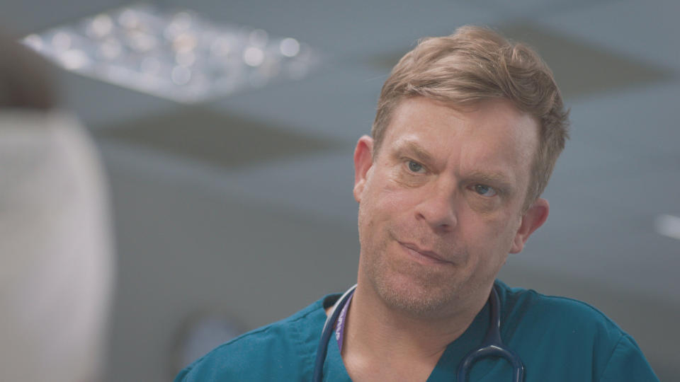 Dylan Keogh finds himself at the pointy end of a love triangle in Casualty episode Aftermath.
