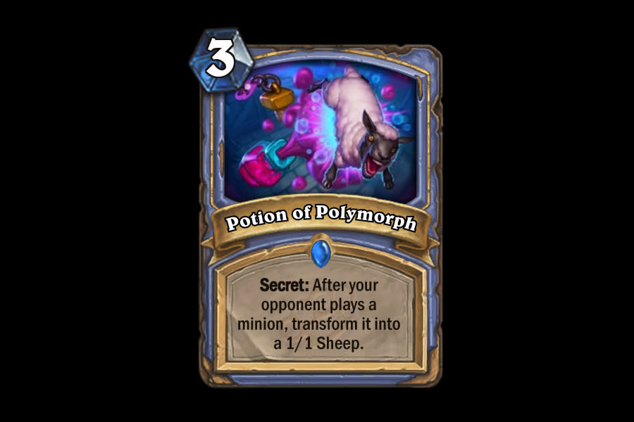 <p>Looking for a good target for Kabal Lackey to pull out? You could certainly do worse than Potion of Polymorph. Turning a minion into a vanilla 1/1 is effectively removing it from play, especially with the Mage Hero power, making this Potion one of the more powerful Secrets a Mage can have in their arsenal. </p>