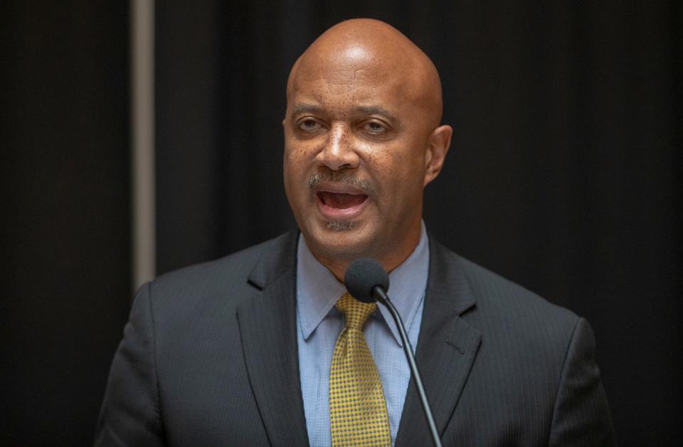 Curtis Hill speaks at a press conference at the start to the legislative session, Indiana Statehouse, Indianapolis, Tuesday, Nov. 20, 2018. Hill has been accused of inappropriately touching four women at a party earlier this year. 