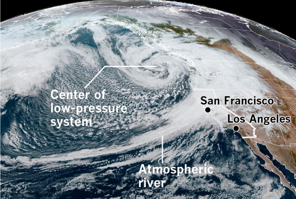 Satellite picture from an unusually strong series of storms that hit California in October.