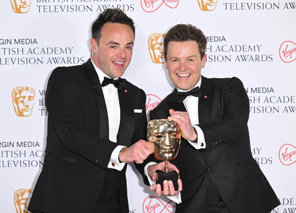 Winners of the Entertainment Programme award for Ant & Dec's Saturday Night Takeaway, Anthony McPartlin and Declan Donnelly pose in the winners room at the Virgin Media British Academy Television Awards at The Royal Festival Hall on May 08, 2022 in London, England. (Photo by Karwai Tang/WireImage)