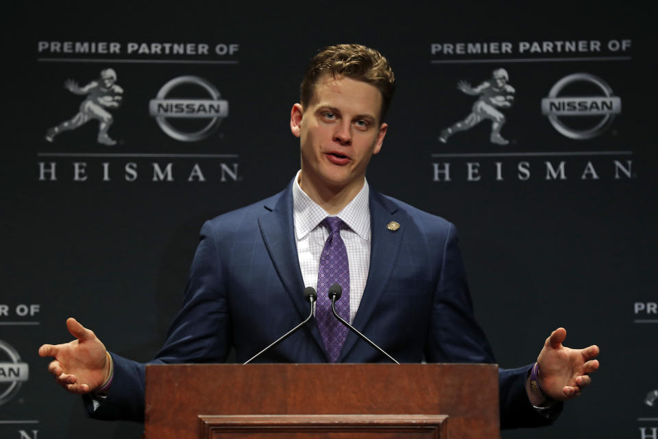 LSU QB Joe Burrow, this year's Heisman Trophy winner, could be the first overall pick of the 2020 NFL draft. (Photo by Adam Hunger/Getty Images)