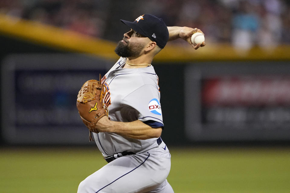 Houston Astros starting pitcher Jose Urquidy throws during the fourth inning of a baseball game against the Arizona Diamondbacks, Friday, Sept. 29, 2023, in Phoenix. (AP Photo/Matt York)