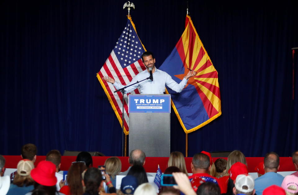 Donald Trump Jr gestures during a campaign rally for U.S. President Donald Trump ahead of Election Day, in Scottsdale, Arizona.