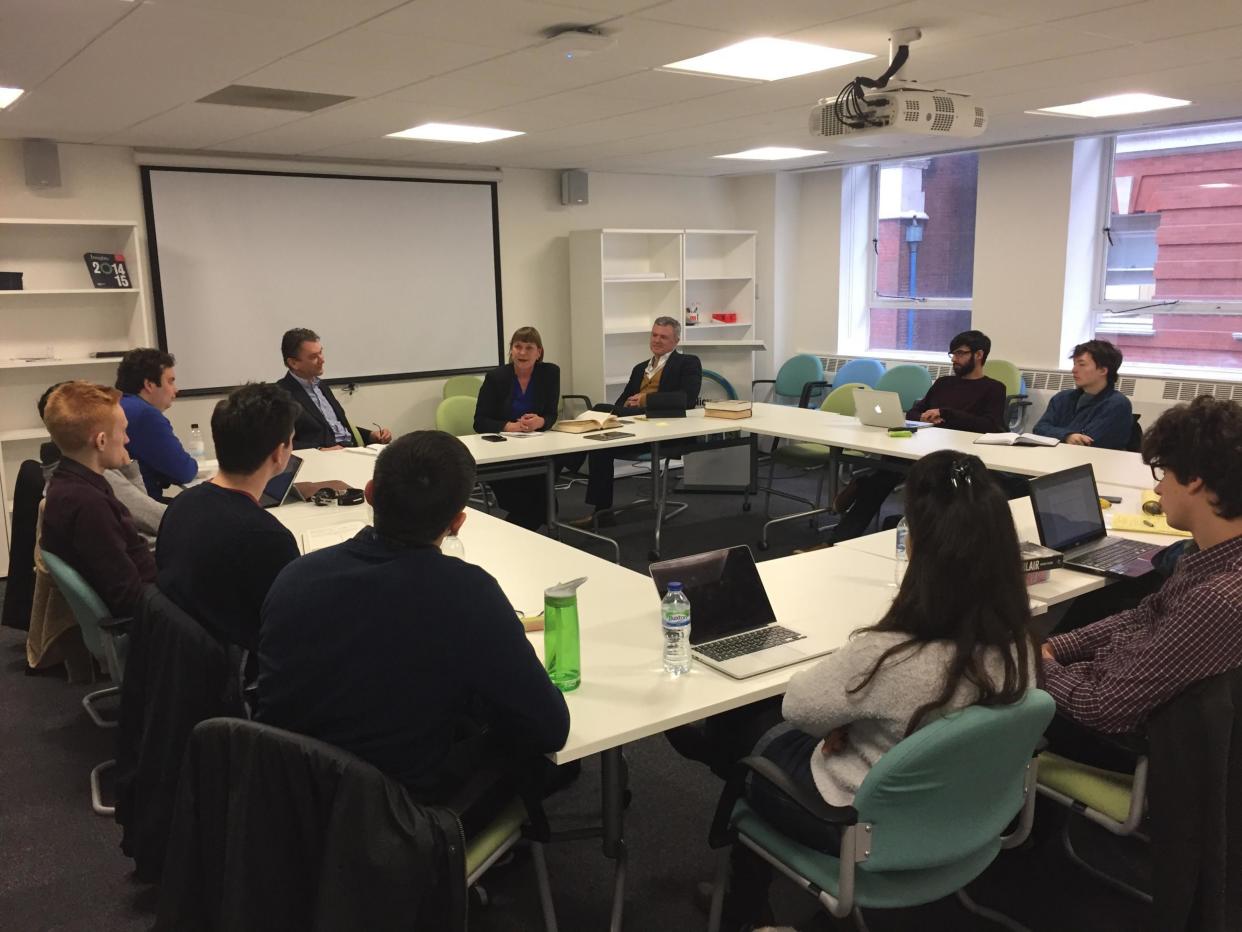 Anji Hunter, centre, at King's College, London, last month, with John Rentoul, left, and Jon Davis, right