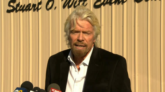 Virgin Galactic founder Sir Richard Branson makes a brief statement to media at the Mojave Air and Space Port on Nov. 1, one day after the company's SpaceShipTwo spacecraft crashed during a test flight, in this still from an NBC News webcast. O