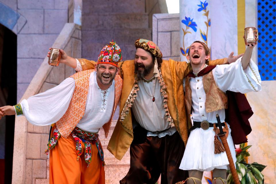 Actors Nathan Williamson, Daniel Stock, and Matthew Thompson in the Southern Shakespeare Company's production of "Twelfth Night," 2021.