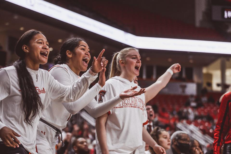 Members of the Texas Tech women's basketball team react during the game against Kansas State on Saturday, Jan. 15, 2022, at United Supermarkets Arena in Lubbock.