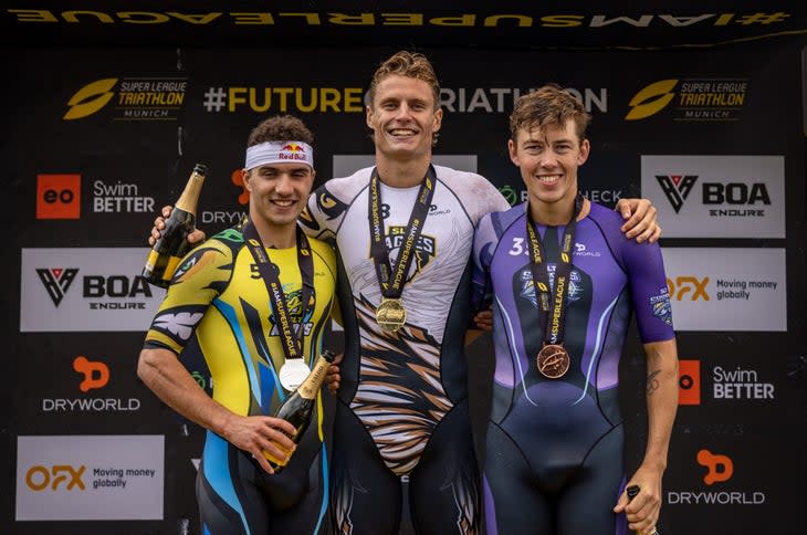 The men's podium of the Super League Munich 2022 race