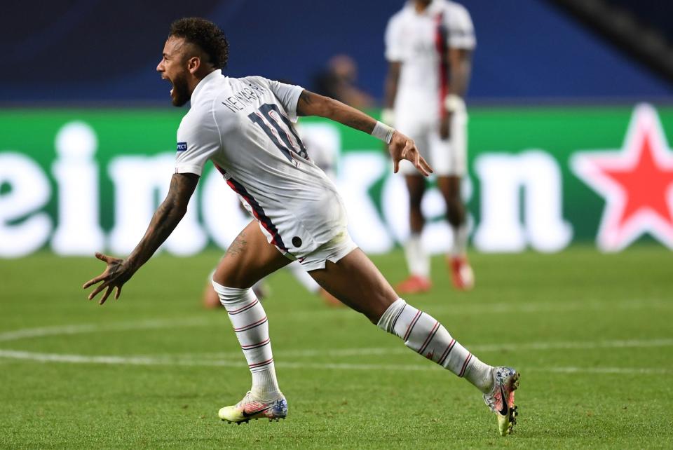 Neymar celebrates during PSG's Champions League quarterfinal win against Atalanta.