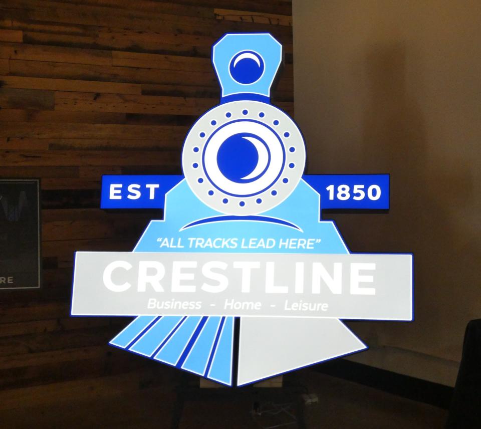 A lighted version of Crestline's train engine logo now sits atop the archway installed downtown in May 2023, emphasizing the village's railroad heritage.