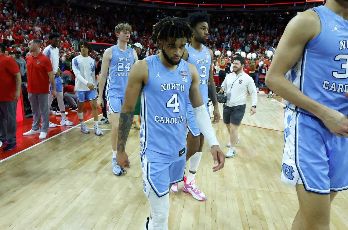 North Carolina’s R.J. Davis (4) walks off the court after N.C. State’s 77-69 victory over UNC at PNC Arena in Raleigh, N.C., Sunday, Feb. 19, 2023.