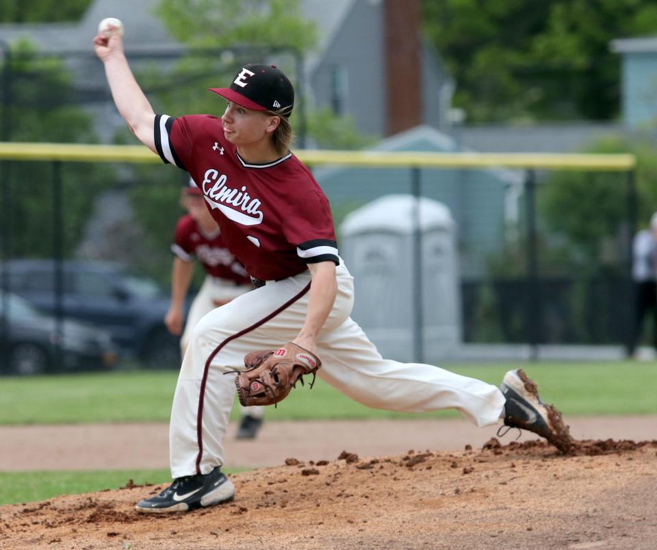 Elmira's Bryce Mashanic pitches in a 5-4 win over Corning in a Section 4 Class AA baseball semifinal May 20, 2022 at Corning-Painted Post High School.