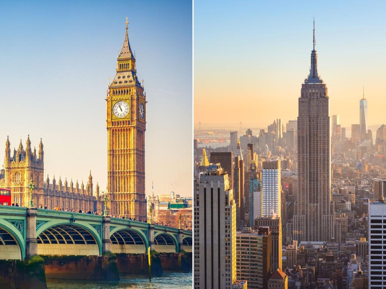 Side-by-side of Big Ben in London (L) and Empire State Building in New York City (R)