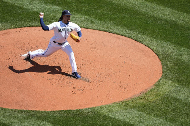 Seattle Mariners starting pitcher Luis Castillo throws during the third inning of a baseball game against the Texas Rangers, Wednesday, May 10, 2023, in Seattle. (AP Photo/Lindsey Wasson)
