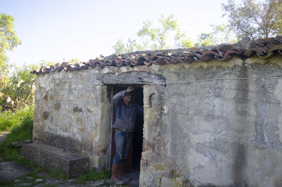 Cain Burdeau examines the stonework of a former barn in Castelbuono, Sicily, on April 13, 2021, that he plans to convert into a family home. (AP Photo/Audrey Rodeman)