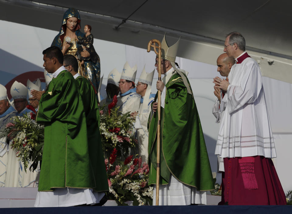 Pope Francis holds the pastoral staff as he arrives to celebrate an early morning Mass at the metro park Campo San Juan Pablo II in Panama City, Sunday, Jan. 27, 2019. The Mass marks the formal end to World Youth Day, the once-every-three year religious festival that John Paul launched during his quarter-century pontificate. (AP Photo/Alessandra Tarantino)