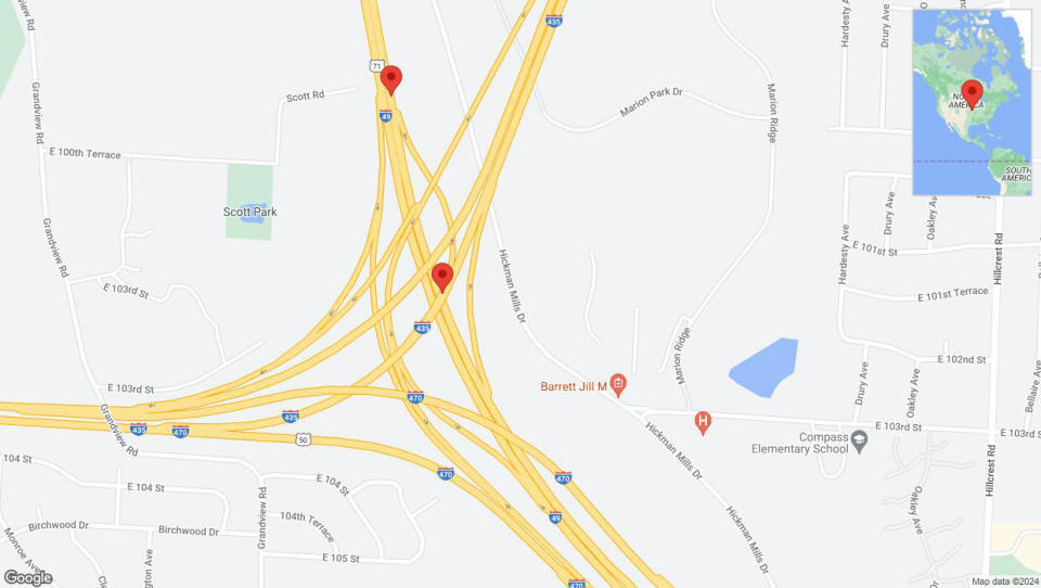 A detailed map that shows the affected road due to 'U. S. Highway 71 temporarily closed in Kansas City' on January 2nd at 7:49 p.m.