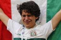 <p>A fan of Mexico cries after the round of 16 match between Brazil and Mexico at the 2018 soccer World Cup in the Samara Arena, in Samara, Russia, Monday, July 2, 2018. (AP Photo/Frank Augstein) </p>