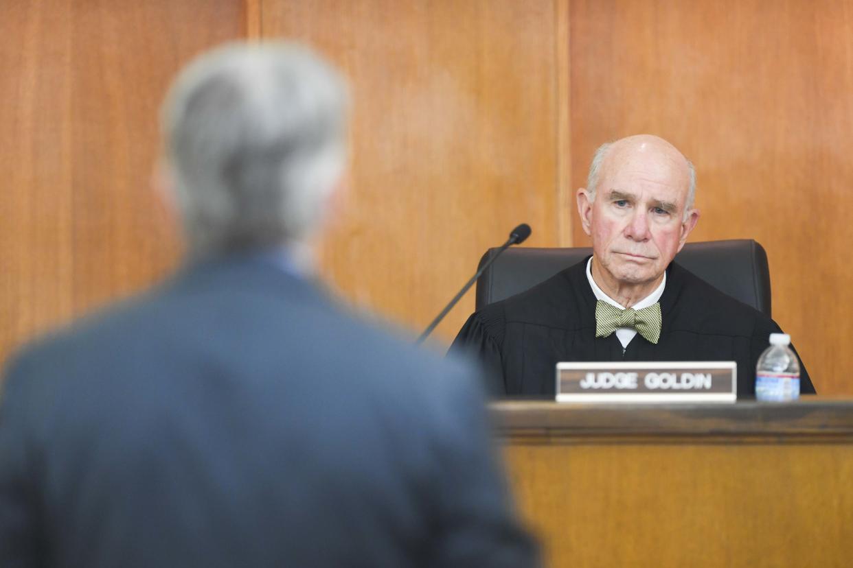 Judge Arnold Goldin listens as appellate counsel Jon Lakey gives his rebuttal inside the Tennessee Court of Appeals in Jackson, Tenn., on Tuesday, April 9, 2024.