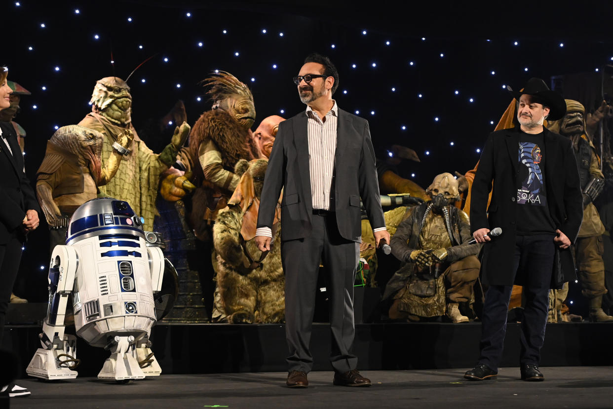 LONDON, ENGLAND - APRIL 07: James Mangold and Dave Filoni onstage during the studio panel at Star Wars Celebration 2023 in London at ExCel on April 07, 2023 in London, England. (Photo by Kate Green/Getty Images for Disney)