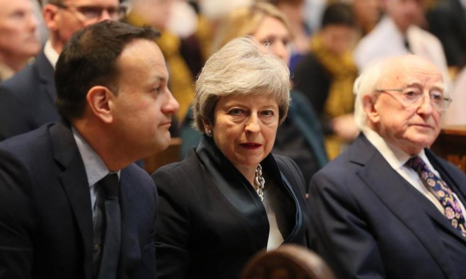 Leo Varadkar, Theresa May and Irish president Michael D Higgins.