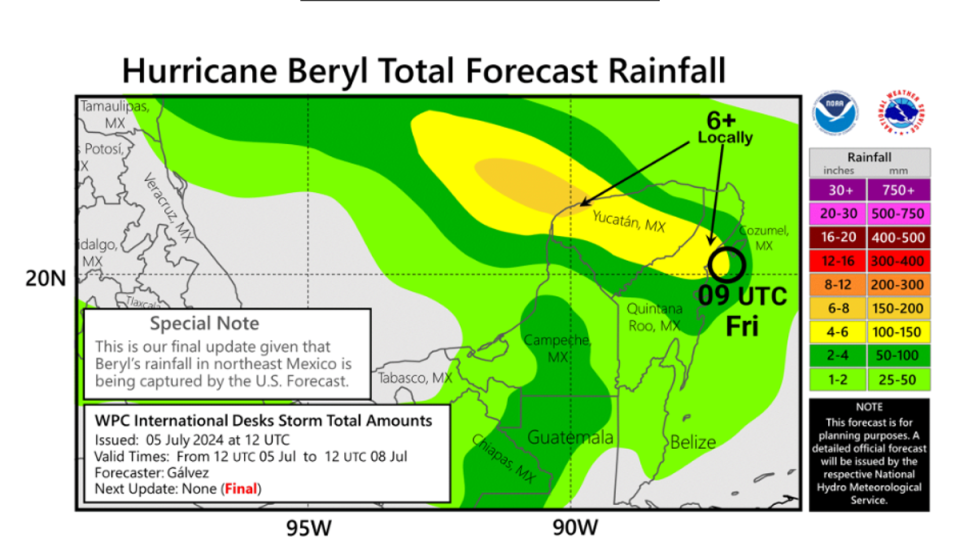 Through Friday Beryl is expected to produce rainfall totals of four to six inches, with localized amounts of 10 inches, across the Yucatan Peninsula (NHC)