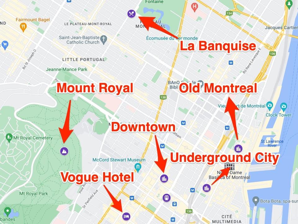 A map of everywhere the author went in Montreal