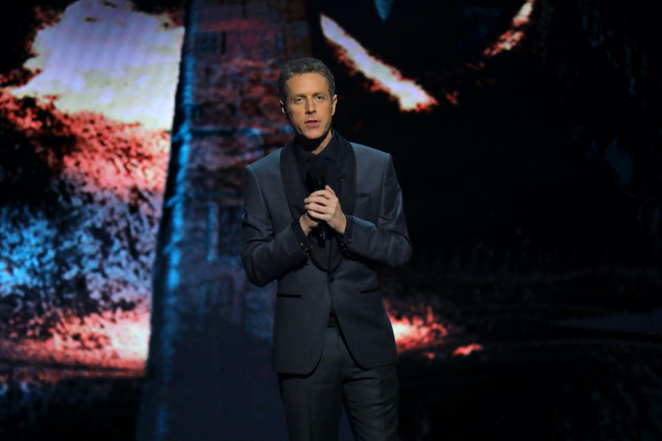 LOS ANGELES, CALIFORNIA - DECEMBER 12:  Geoff Keighley speaks  onstage during The Game Awards 2019 at Microsoft Theater on December 12, 2019 in Los Angeles, California. (Photo by JC Olivera/Getty Images)