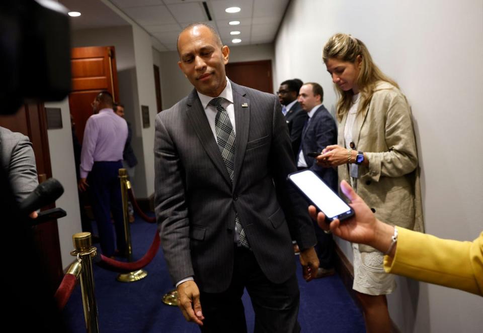 House Democratic leader Hakeem Jeffries speaks with reporters after leaving a meeting of his caucus on Monday, July 8. (Getty Images)