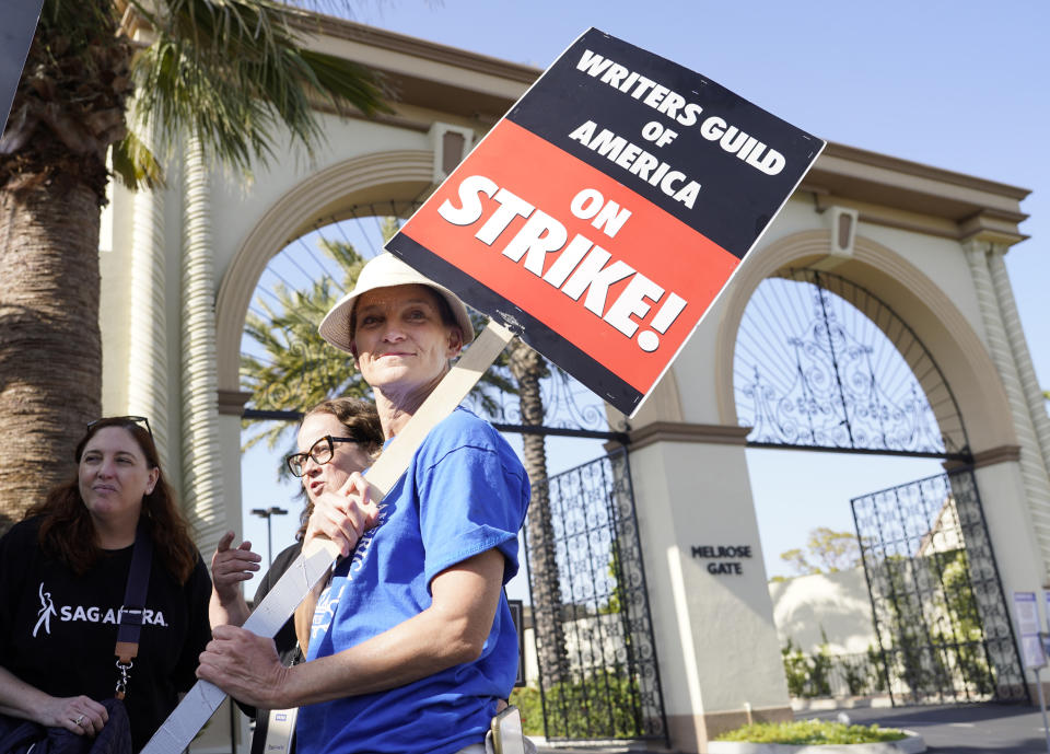 Meredith Stiehm, president of the Writers Guild of America, pickets outside Paramount Pictures studio, Monday, May 8, 2023, in Los Angeles. (AP Photo/Chris Pizzello)