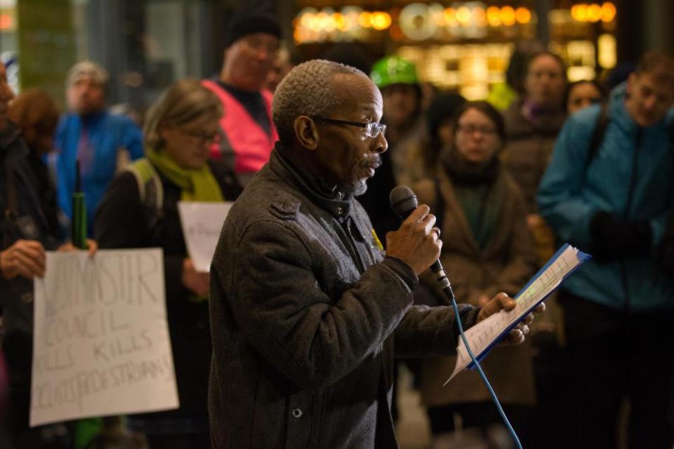 At a vigil protesting about the death of cyclists in London in 2015.