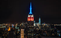 <p>Although easy enough to spot during the day, the iconic tower lights make the Empire State Building really stand out after the sun sets. The first time they lit up in color was in 1976, when new lights were installed so the building could be lit up in red, white, and blue to honor the country’s bicentennial.</p> <p>In 2012 the lights were replaced with computer-driven LEDs, allowing for much more complex lighting schemes that can change in an instant to sixteen million different colors. The lights are changed frequently, and if you’re wondering what colors will be lighting the tower tonight, you can <a rel="nofollow noopener" href="http://www.esbnyc.com/explore/tower-lights" target="_blank" data-ylk="slk:check the building’s official website;elm:context_link;itc:0;sec:content-canvas" class="link ">check the building’s official website</a> or the easy-to-remember <a rel="nofollow noopener" href="http://whatcoloristheempirestatebuilding.com/" target="_blank" data-ylk="slk:whatcoloristheempirestatebuilding.com;elm:context_link;itc:0;sec:content-canvas" class="link ">whatcoloristheempirestatebuilding.com</a>.</p>