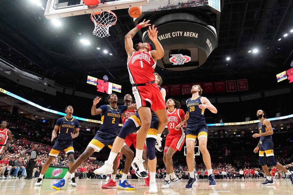 Nov 15, 2023; Columbus, OH, USA; Ohio State Buckeyes guard Roddy Gayle Jr. (1) shoots during the first half of the NCAA men’s basketball game against the Merrimack College Warriors at Value City Arena.