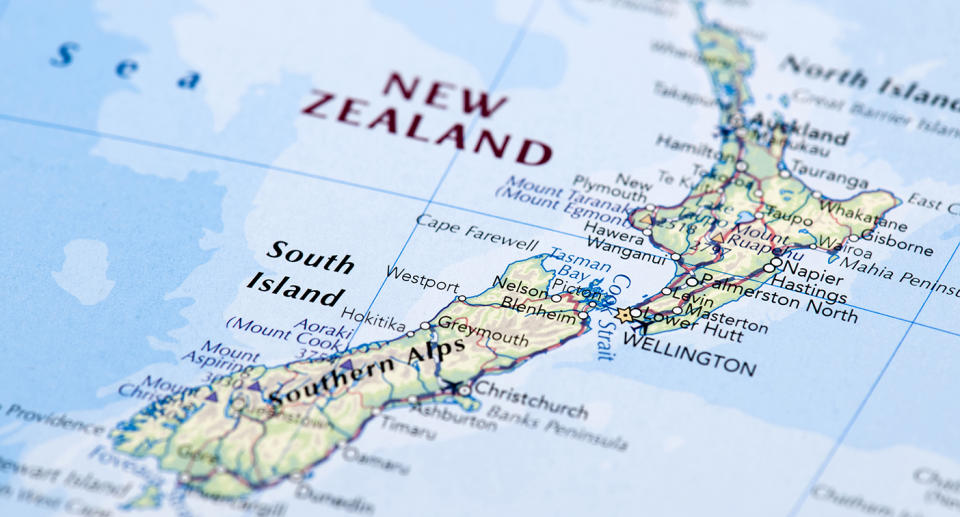 A map of New Zealand. A earthquake with a magnitude of 7.4 struck off the coast of the country.