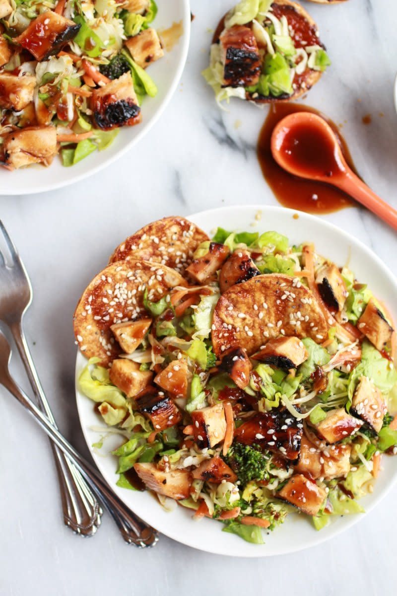 <strong>Get the <a href="http://www.halfbakedharvest.com/chopped-asian-bbq-chicken-salad-with-honey-sesame-crackers/" target="_blank">Chopped Asian BBQ Chicken Salad with Homemade Honey-Sesame Crackers recipe</a> from Half Baked Harvest</strong>