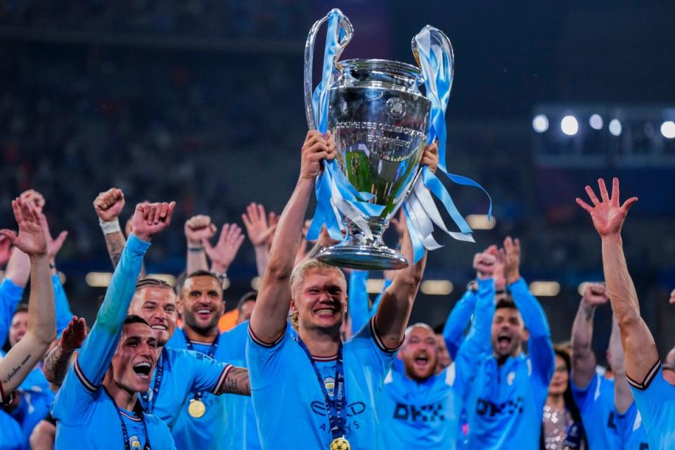 Manchester City celebrate lifting the Champions League in Istanbul (AP)