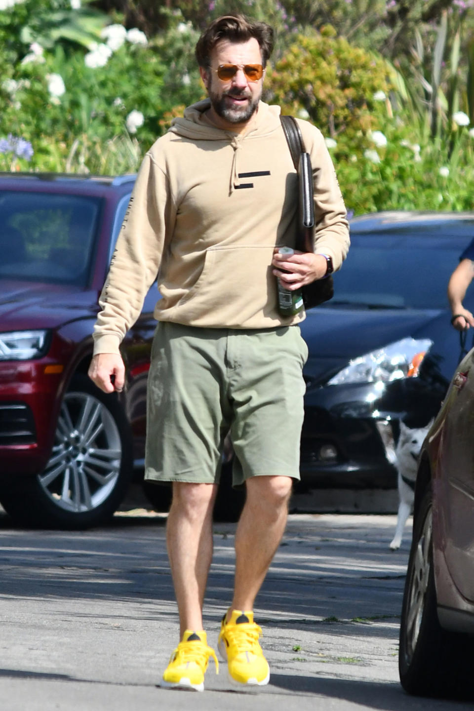 <p>Jason Sudeikis steps in Los Angeles on Friday for an outing with longtime partner Olivia Wilde (not pictured).</p>