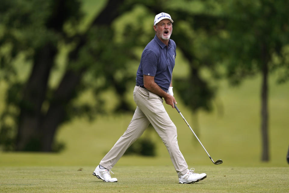 Jerry Kelly reacts after shot on the 18th fairway during the final round of the PGA Tour Champions Principal Charity Classic golf tournament, Sunday, June 5, 2022, in Des Moines, Iowa. (AP Photo/Charlie Neibergall)